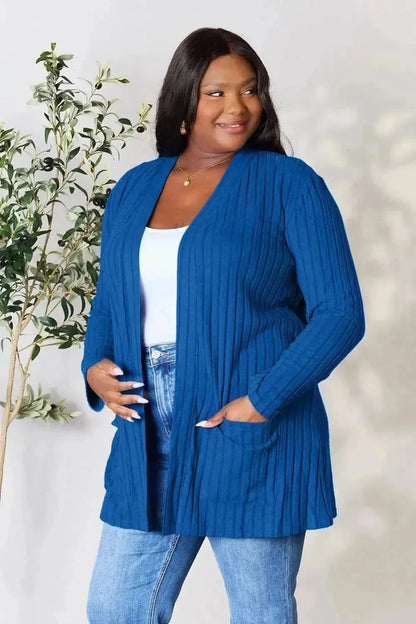 Basic Bae Full Size Ribbed Open Front Cardigan with Pockets - Bad Moms Club