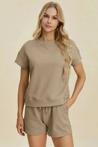 Double Take Full Size Texture Short Sleeve Top and Shorts Set - Bad Moms Club