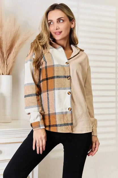 Perfee Plaid Print Dropped Shoulder Shirt - Bad Moms Club