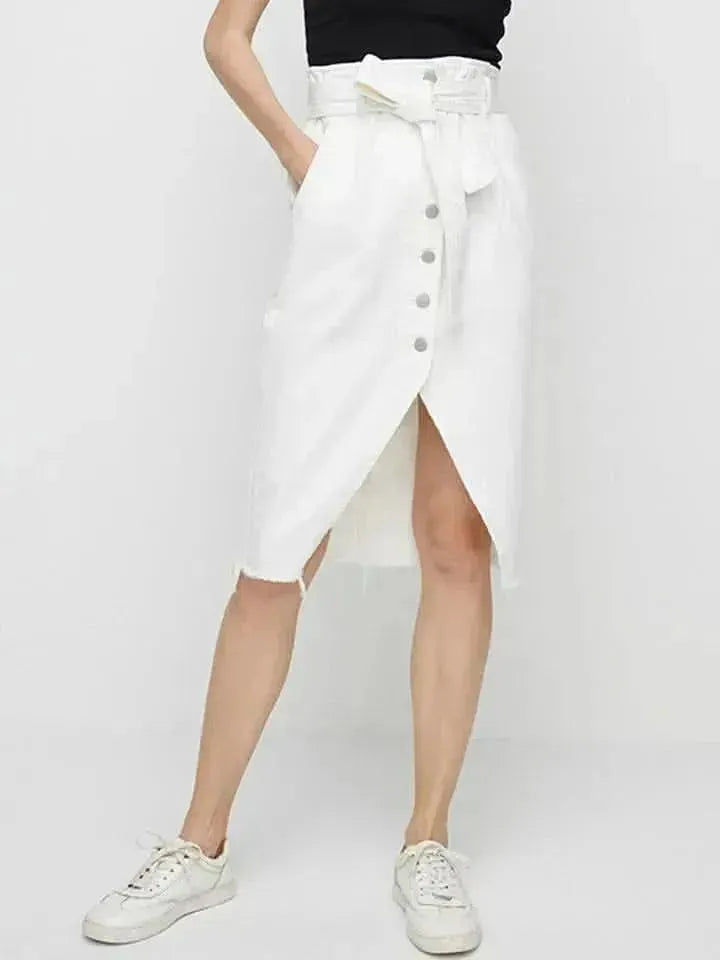 Full SizeTie Waist Buttoned Denim Skirt - Bad Moms Club