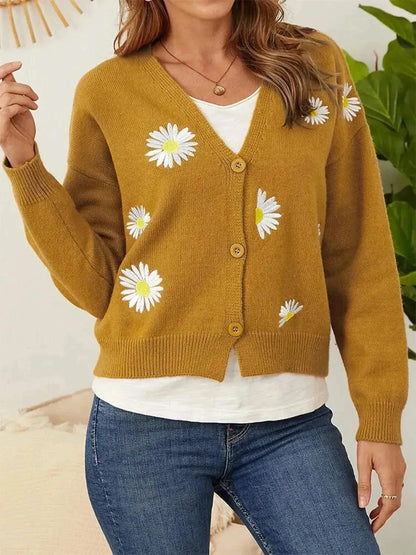 Flower Button Front Dropped Shoulder Cardigan - Bad Moms Club