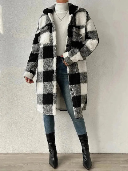 Plaid Collared Neck Button Down Coat - Bad Moms Club