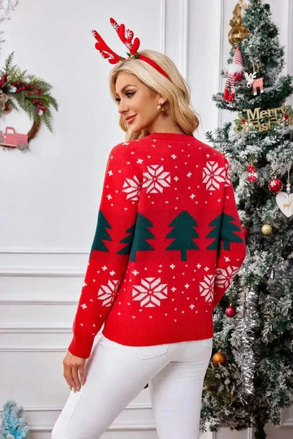 Christmas Tree Round Neck Long Sleeve Sweater - Bad Moms Club