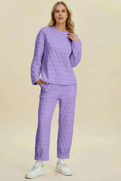 Double Take Full Size Texture Round Neck Long Sleeve Top and Pants Set - Bad Moms Club