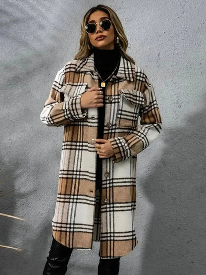 Plaid Collared Neck Long Sleeve Coat - Bad Moms Club