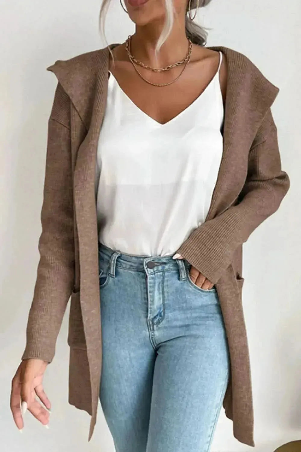 Ribbed Open Front Hooded Cardigan with Pockets - Bad Moms Club
