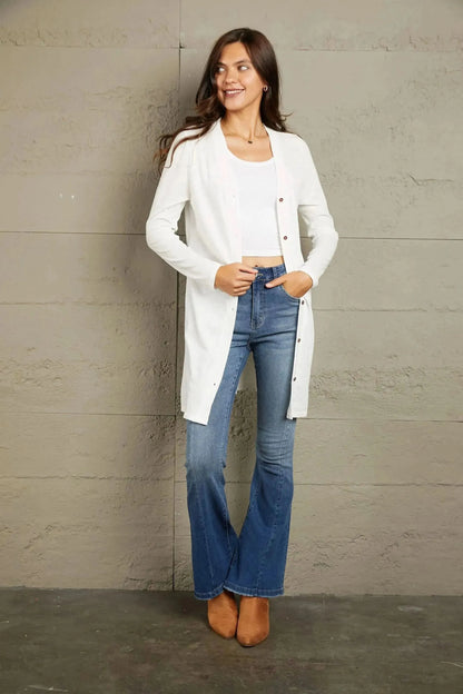 Double Take Button Down Long Sleeve Longline Cardigan - Bad Moms Club