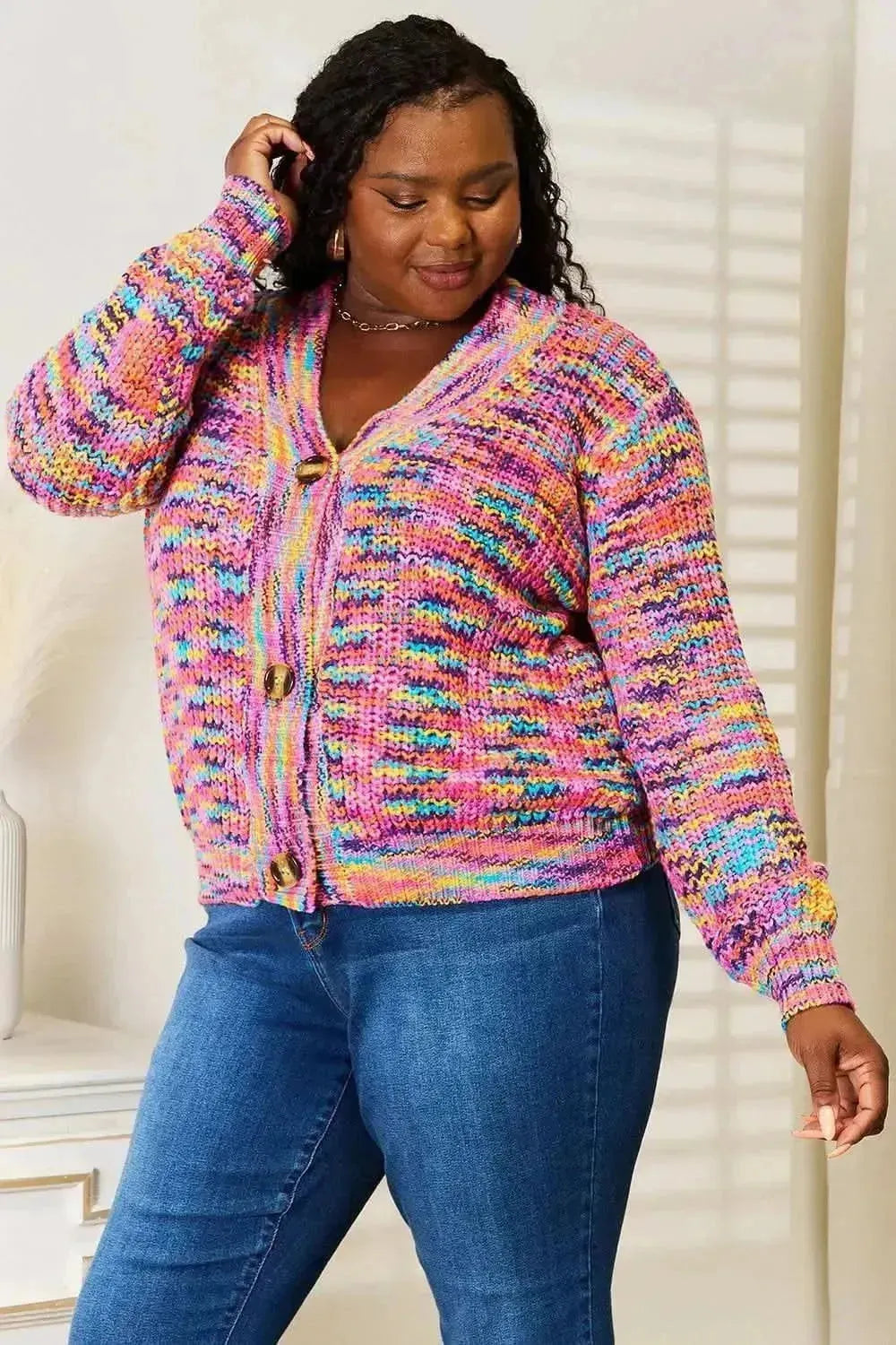 Woven Right V-Neck Long Sleeve Cardigan - Bad Moms Club