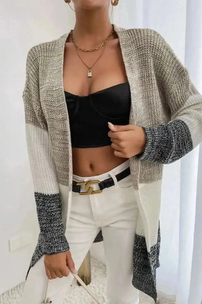 Tricolor Color Block Open Front Cardigan - Bad Moms Club