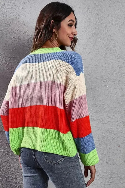 Color Block Button-Down Dropped Shoulder Cardigan - Bad Moms Club