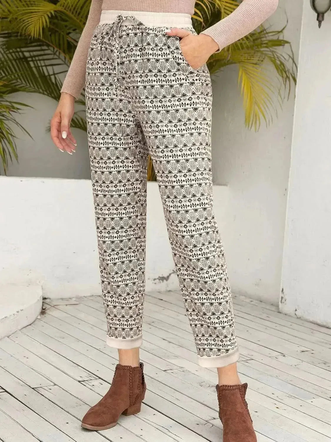 Ivy Lane Tied Printed Pants with Pockets - Bad Moms Club