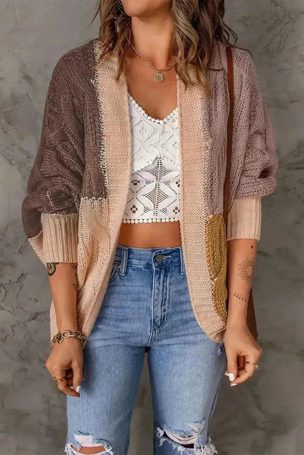 Woven Right Color Block Cable-Knit Batwing Sleeve Cardigan - Bad Moms Club