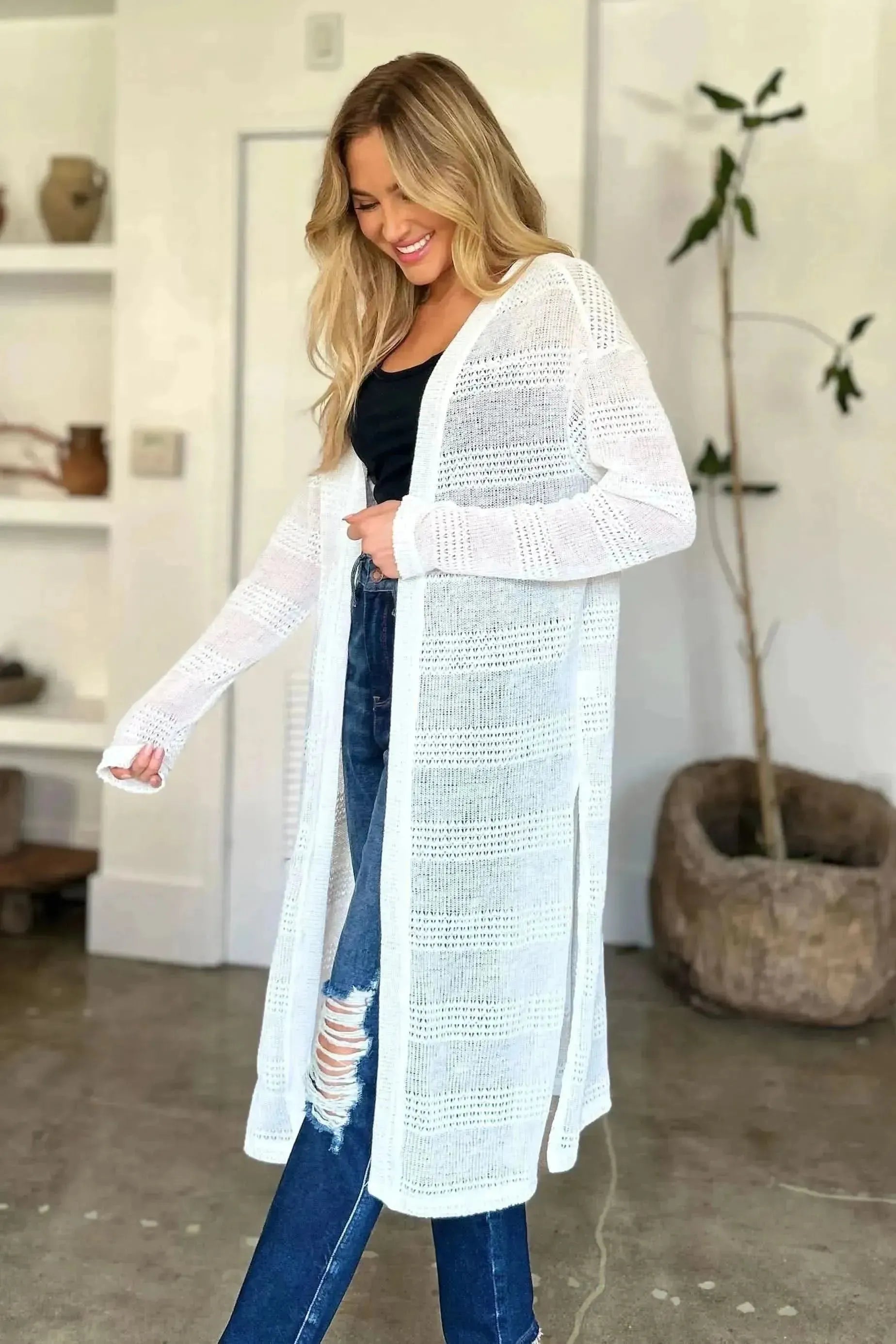 Double Take Full Size Open Front Longline Cardigan - Bad Moms Club