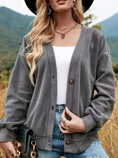 Shiny Button Down V-Neck Dropped Shoulder Jacket - Bad Moms Club