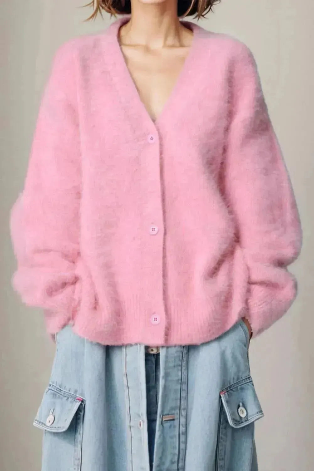 Button Up Dropped Shoulder Cardigan - Bad Moms Club