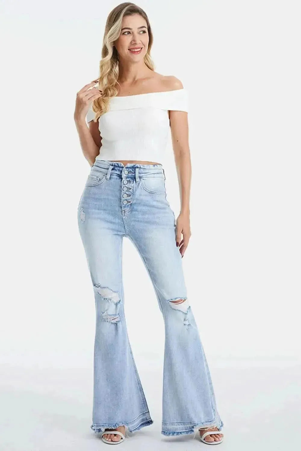 BAYEAS Full Size Distressed Raw Hem High Waist Flare Jeans - Bad Moms Club