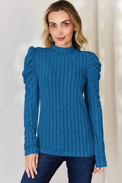 Basic Bae Full Size Ribbed Mock Neck Puff Sleeve T-Shirt - Bad Moms Club