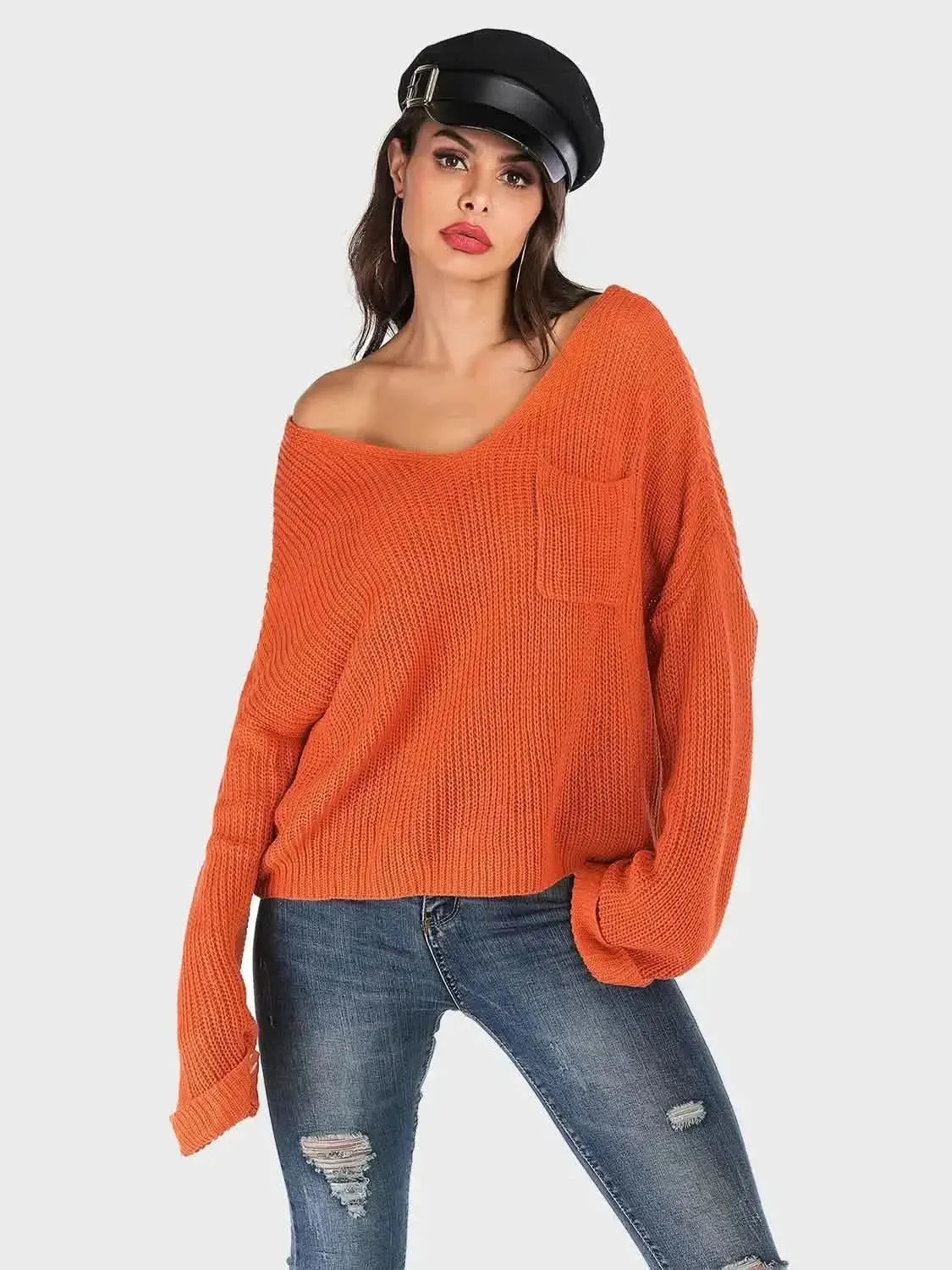 Perfee V-Neck Dropped Shoulder Long Sleeve Sweater - Bad Moms Club