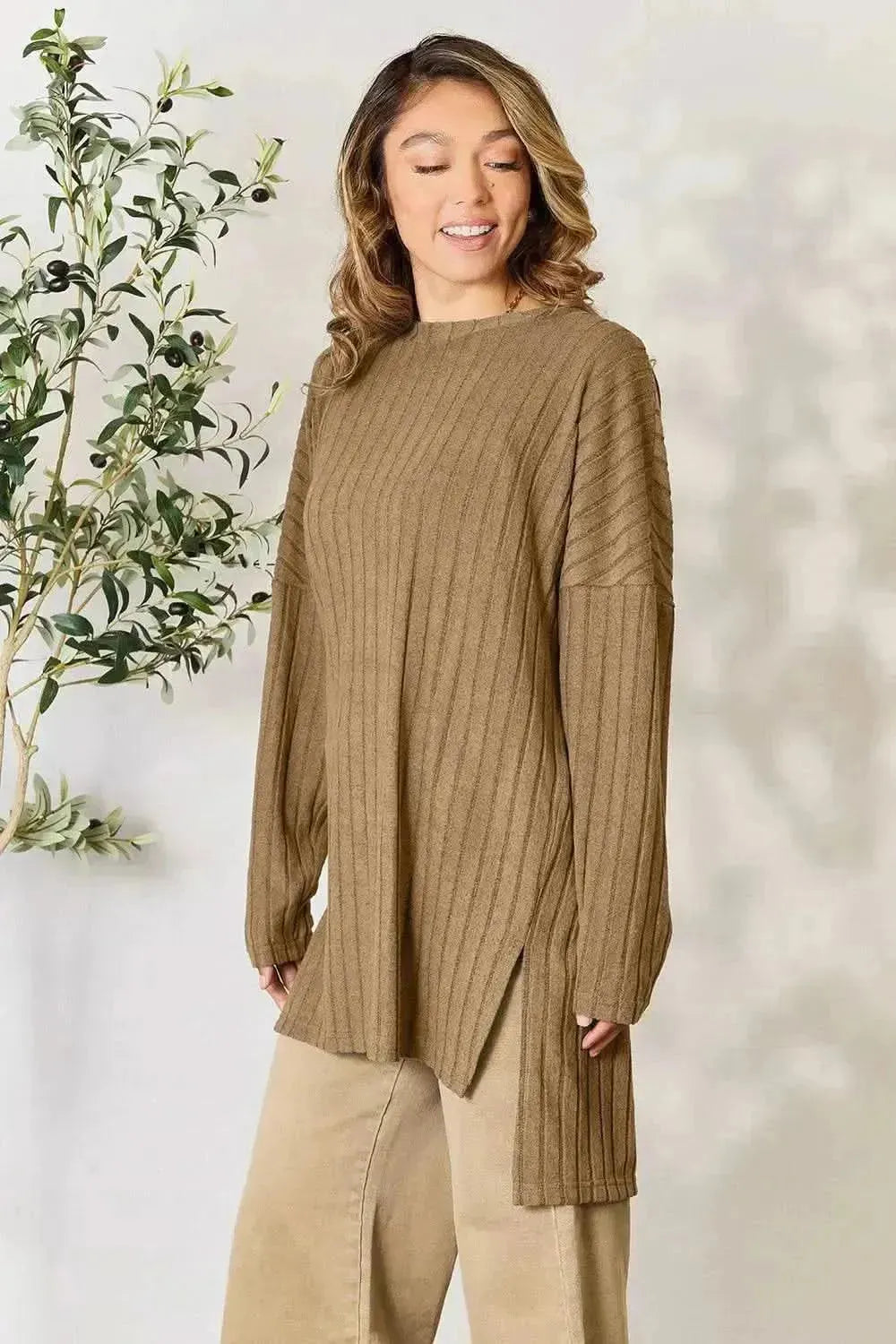 Basic Bae Full Size Ribbed Round Neck Long Sleeve Slit Top - Bad Moms Club