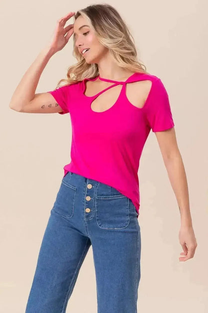 BiBi Cutout Asymmetrical Neck Short Sleeve T-Shirt - Bad Moms Club