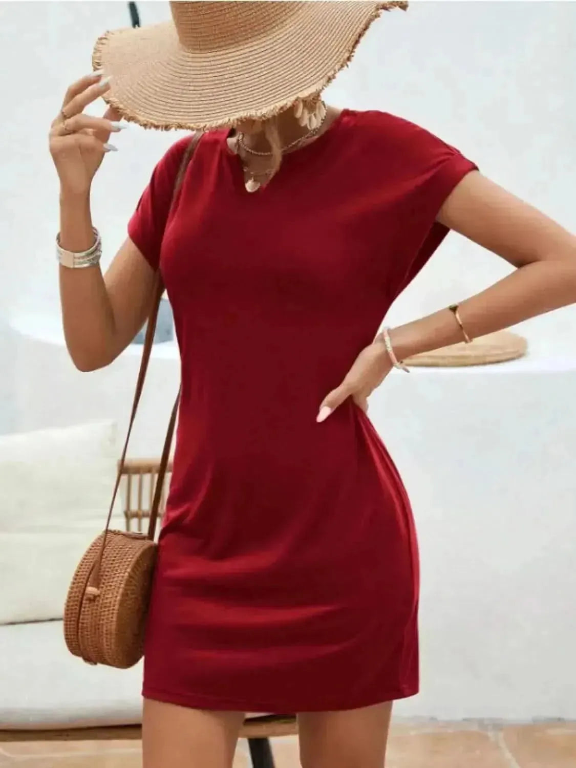 Notched Short Sleeve Mini Tee Dress - Bad Moms Club