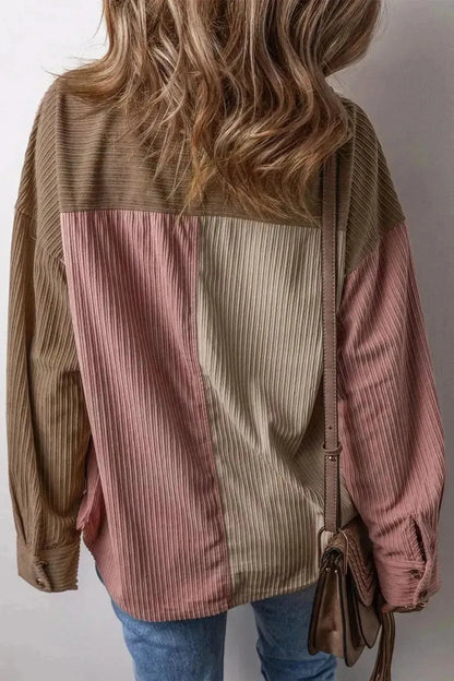 Button Up Color Block Long Sleeve Shacket - Bad Moms Club
