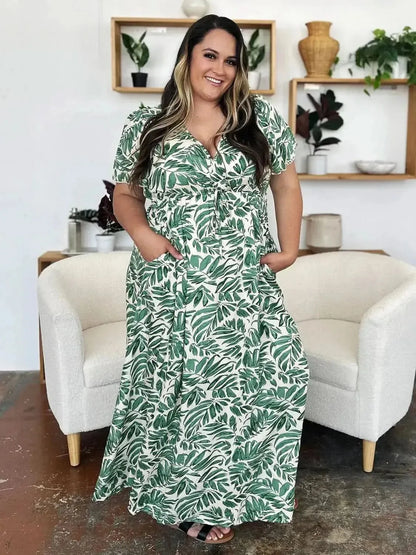 Double Take Full Size Printed Drawstring Short Sleeve Dress - Bad Moms Club