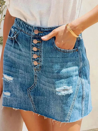 Button-Fly Distressed Raw Hem Denim Skirt - Bad Moms Club