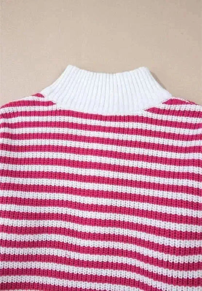 Striped Half Zip Mock Neck Long Sleeve Sweater - Bad Moms Club