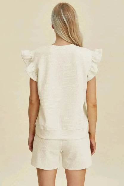 Double Take Full Size Texture Round Neck Ruffle Sleeve Top and Shorts Set - Bad Moms Club