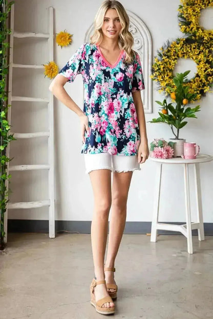 Heimish Full Size Floral V-Neck Short Sleeve T-Shirt - Bad Moms Club