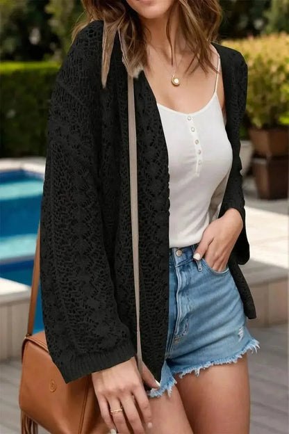 Openwork Open Front Dropped Shoulder Cardigan - Bad Moms Club