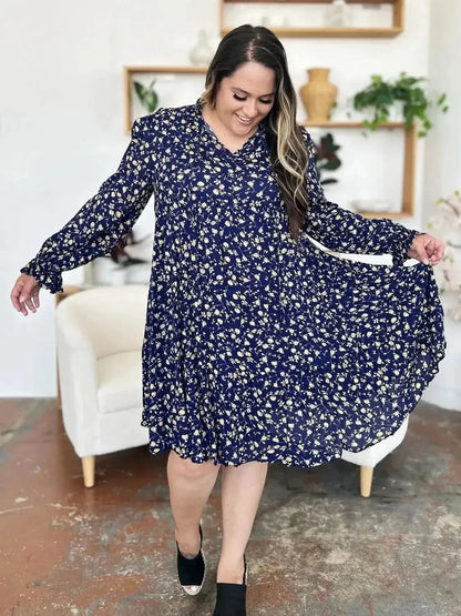 Double Take Full Size Printed Ruffle Hem Long Sleeve Tiered Dress - Bad Moms Club