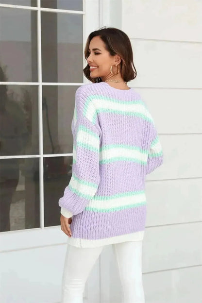 Color Block Ribbed Dropped Shoulder Open Front Cardigan - Bad Moms Club