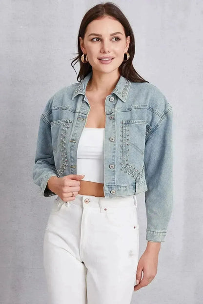 Studded Dropped Shoulder Denim Jacket - Bad Moms Club