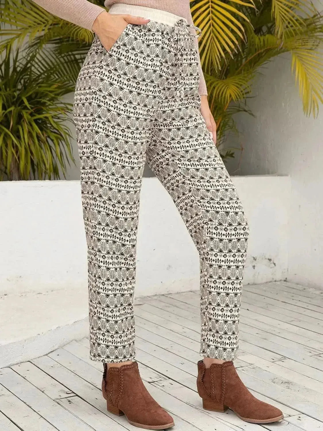 Ivy Lane Tied Printed Pants with Pockets - Bad Moms Club