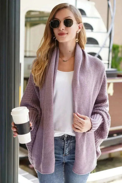 Dolman Sleeve Open Front Ribbed Trim Longline Cardigan - Bad Moms Club