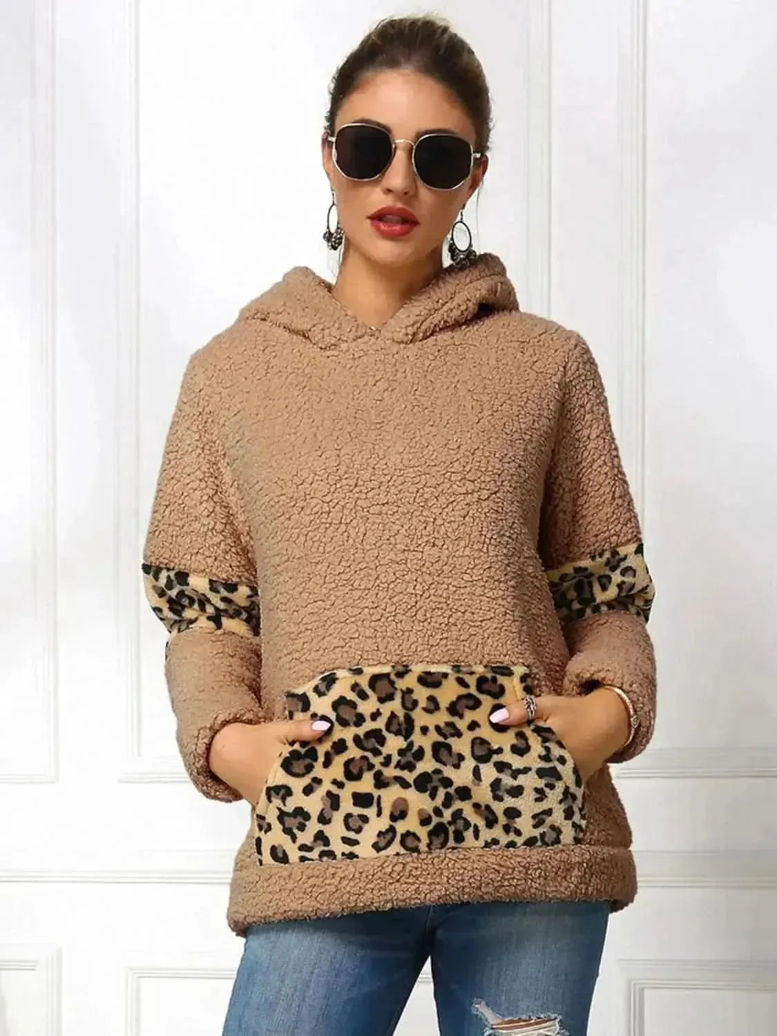 Ivy Lane Sherpa Leopard Long Sleeve Hoodie - Bad Moms Club