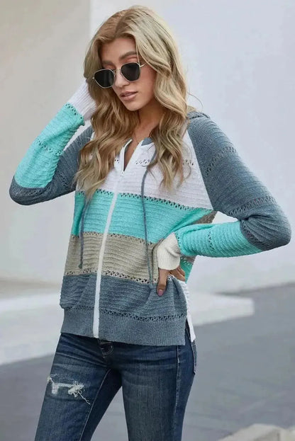 Zip-Up Raglan Sleeve Openwork Hooded Cardigan - Bad Moms Club