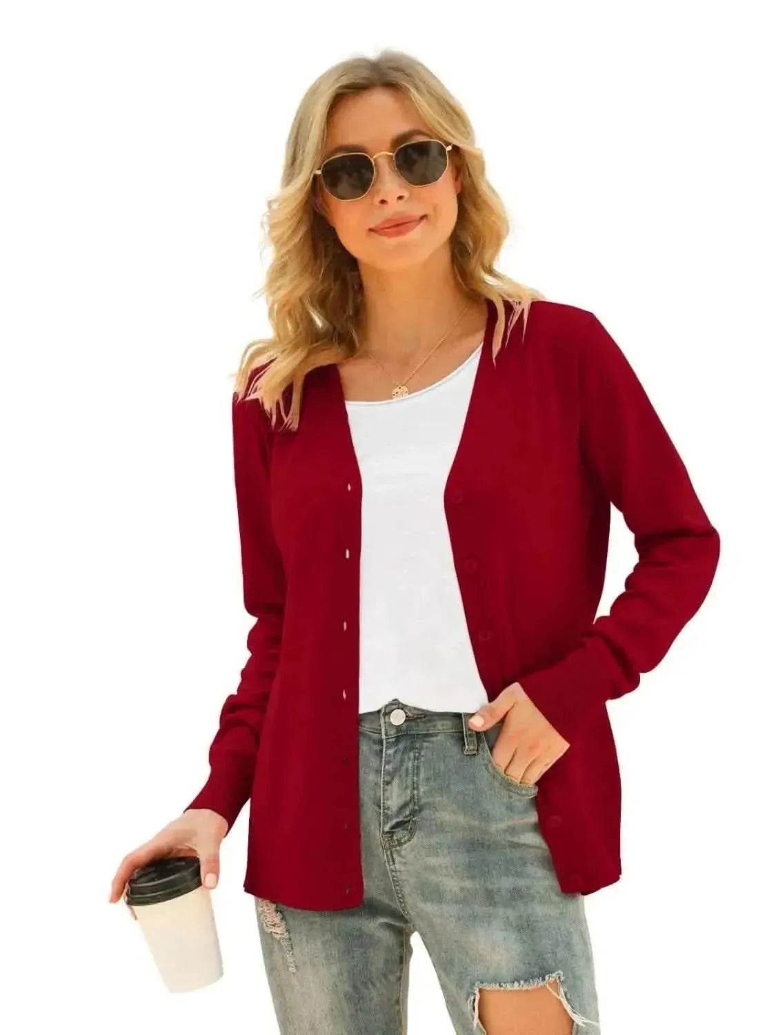 Button Up V-Neck Long Sleeve Cardigan - Bad Moms Club