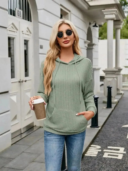 Ribbed Drawstring Long Sleeve Hoodie - Bad Moms Club