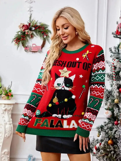 Christmas Element Round Neck Long Sleeve Sweater - Bad Moms Club