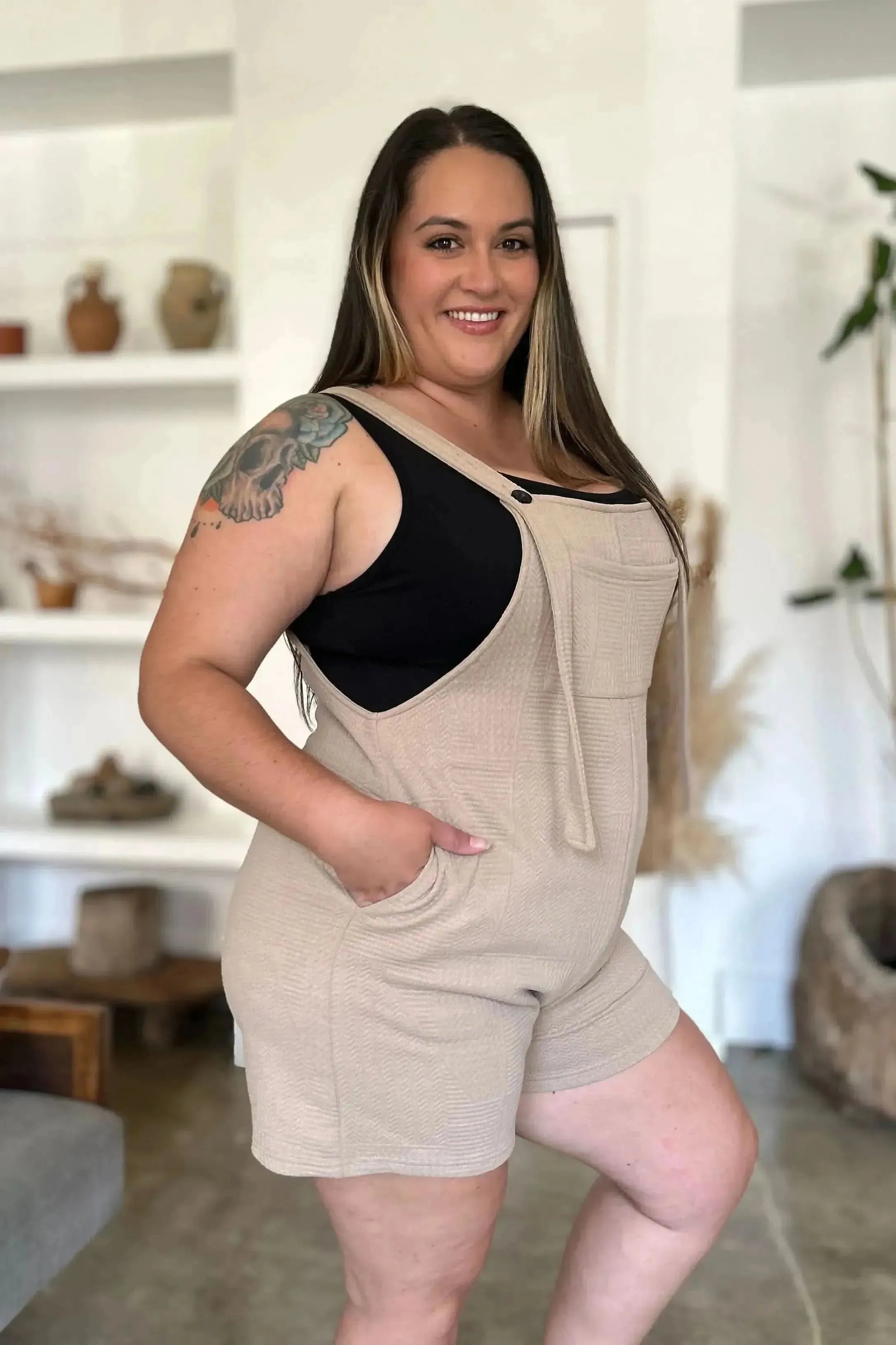 Double Take Full Size Texture Sleeveless Romper - Bad Moms Club