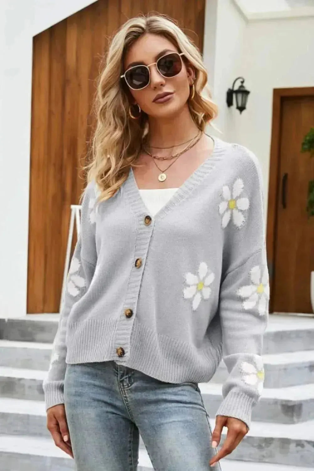 Floral Ribbed Trim Drop Shoulder Cardigan - Bad Moms Club