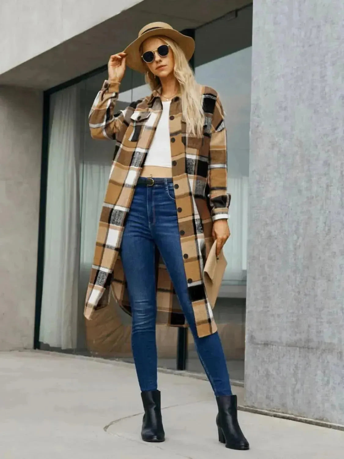Plaid Pocketed Button Up Trench Coat - Bad Moms Club