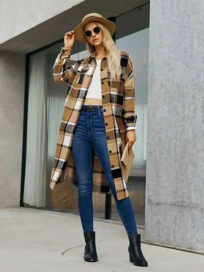 Plaid Pocketed Button Up Trench Coat - Bad Moms Club