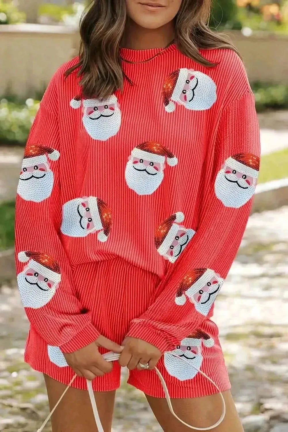 Sequin Santa Round Neck Long Sleeve Top and Shorts Set - Bad Moms Club