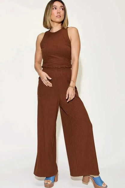 Basic Bae Full Size Ribbed Tank and Wide Leg Pants Set - Bad Moms Club