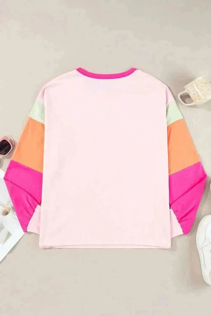 Color Block Round Neck Long Sleeve Top - Bad Moms Club