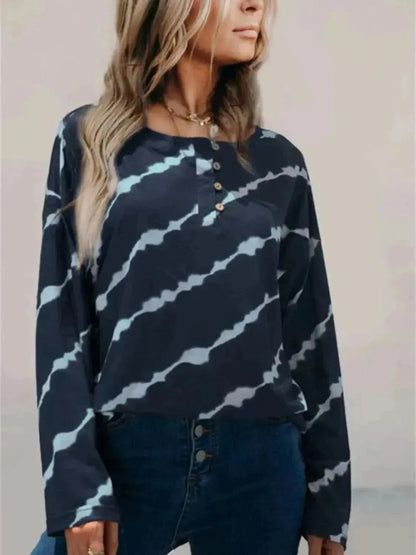 Striped Round Neck Long Sleeve T-Shirt - Bad Moms Club